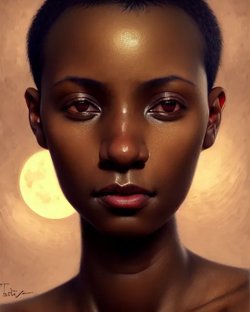 Image similar to african woman with short buzz hair, brown eyes, beautiful girl, close up portrait, moonlight, highkey, realistic, serov, surikov, vasnetsov, repin, kramskoi, paint texture, low aperature, insanely detailed, charlie bowater, tom bagshaw, octane rendered, unreal engine, illustration, trending on artstation, masterpiece