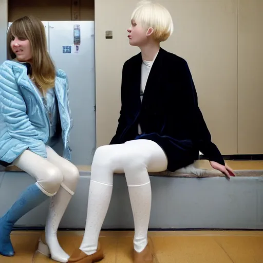 Prompt: Platinum-blonde-haired hime-cut blue-eyed 27-year-old French princess wearing white leggings, black jacket, boots, sitting in communist public housing apartment, talking to black-haired Japanese girl