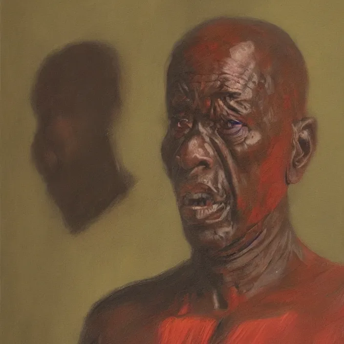 Prompt: a painting of a elder man by Lynette Yiadom-Boakye . dramatic angle, details, smooth, sharp focus, illustration, realistic, cinematic, artstation, award winning, rgb , unreal engine, octane render, cinematic light, macro, depth of field, blur, red light and clouds from the back, highly detailed epic cinematic concept art CG render made in Maya, Blender and Photoshop, octane render, excellent composition, dynamic dramatic cinematic lighting, aesthetic, very inspirational, arthouse.