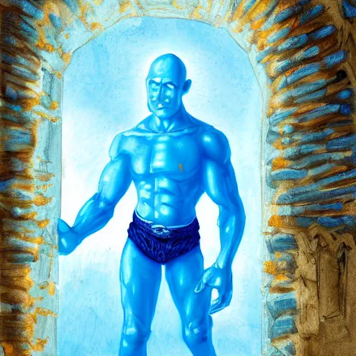 Prompt: a magical bright blue genie standing played by the rock in a in a doorway, classic art, trending on art station, masterful, colorful, detailed, complex