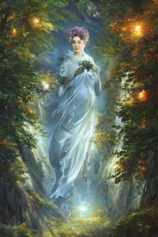 Image similar to tree of four seasons, volymetric light, highly detailed matte painting by noriyoshi ohrai, by charlie bowater, by mark brooks