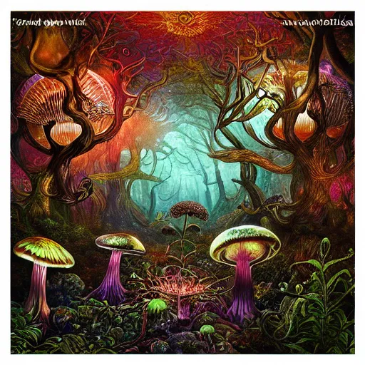 Image similar to psychedelic fantasy forest with glowing mushrooms and eerie trees in the style of Ernst Haeckel and Daniel Merriam, perfect award winning album art