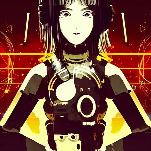 Image similar to Frequency indie album cover, luxury advertisement, golden filter, golden and black colors. A clean and detailed post-cyberpunk sci-fi close-up schoolgirl, she is very powerful, in asian city in style of cytus and deemo, mysterious vibes, by Tsutomu Nihei, by Ilya Kuvshinov, by Greg Tocchini, nier:automata, Yorda from Ico and Lain Iwakura, set in half-life 2, beautiful with eerie vibes, very inspirational, very stylish, with gradients, surrealistic, dystopia, postapocalyptic vibes, depth of field, mist, rich cinematic atmosphere, perfect digital art, mystical journey in strange world, beautiful dramatic dark moody tones and studio lighting, shadows, bastion game, arthouse