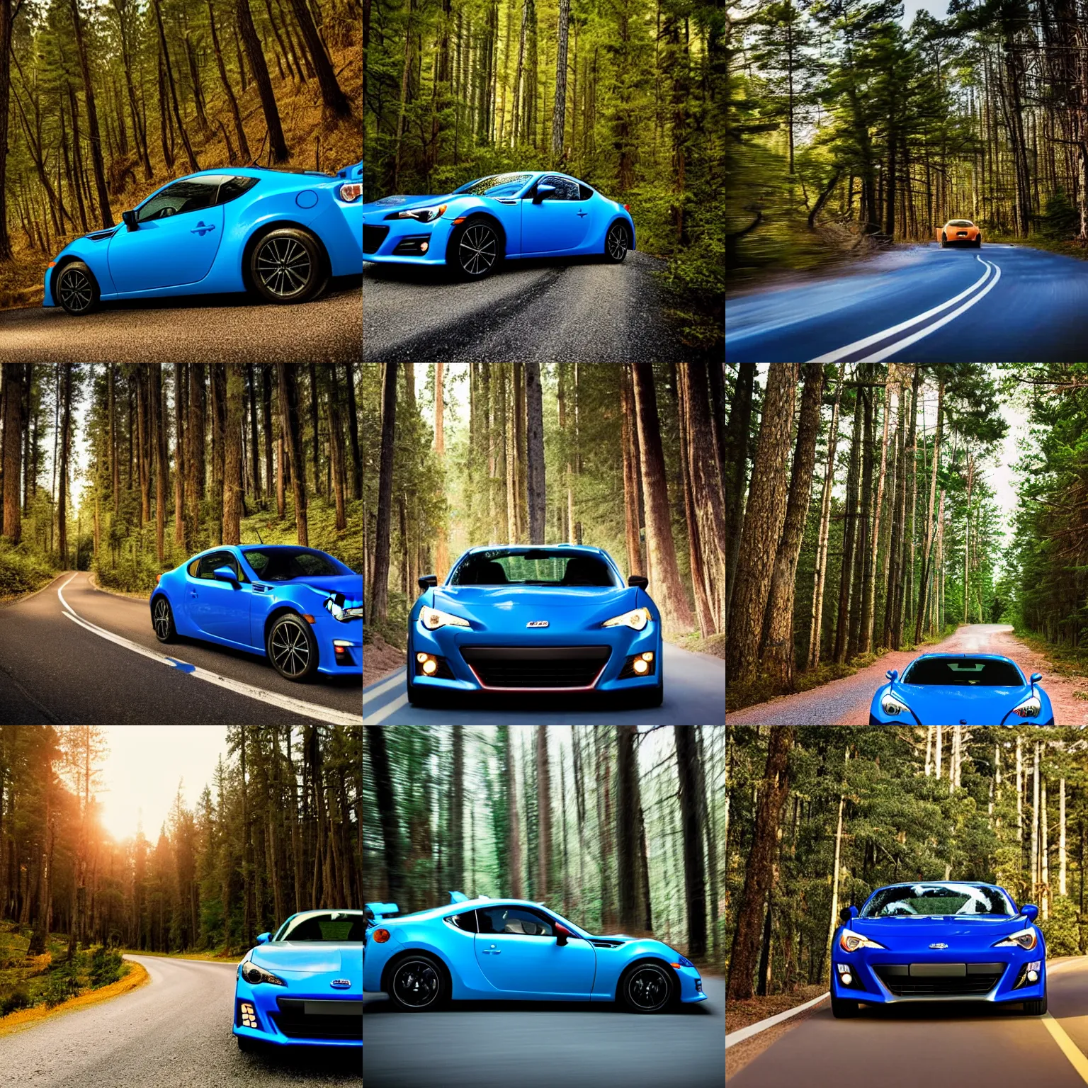 Prompt: a blue BRZ sports car driving down a long winding road through a pine forest at dusk