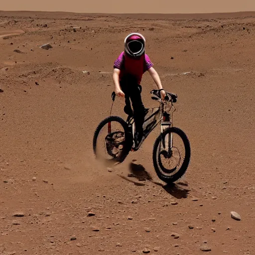 Prompt: justin bieber riding a bike on mars, photograph,