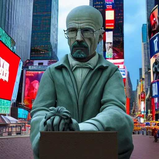 Image similar to extreme long - shot photograph of a renaissance clay sculpture of walter white wearing a phrygian cap in front of times square, made by michelangelo, very detailed, sharp focus, 8 k resolution, ray tracing