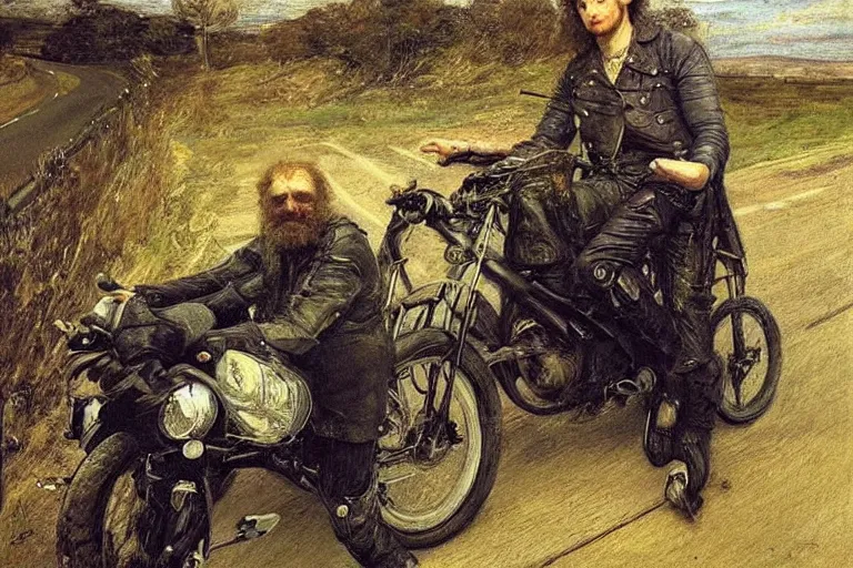 Image similar to sad portrait of a biker on the freeway by sir john everett millais, photorealistic, hyperdetailed, ethereal, masterpiece, oil painting