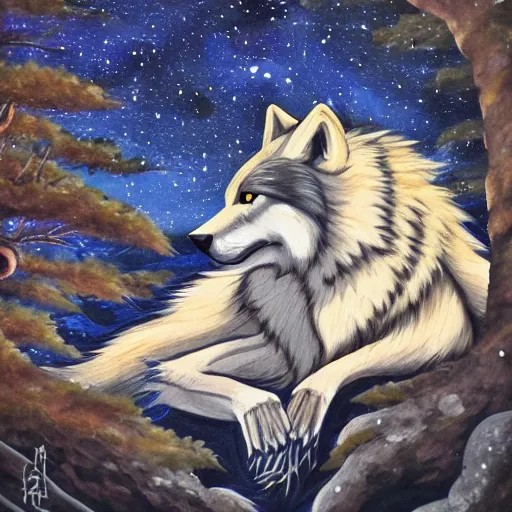 Image similar to wolf okami!!!!!!! resting under a sky full of stars, by a deep!! river, calm, acrylic on canvas, okami, okami, okami, okami, okami, okami, cel shaded, cel shaded, cel shaded, cel shaded