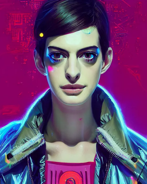 Prompt: detailed portrait Anne Hathaway Neon Operator Girl, cyberpunk futuristic neon, reflective puffy coat, decorated with traditional Japanese ornaments by Ismail inceoglu dragan bibin hans thoma greg rutkowski Alexandros Pyromallis Nekro Rene Maritte Illustrated, Perfect face, fine details, realistic shaded, fine-face, pretty face