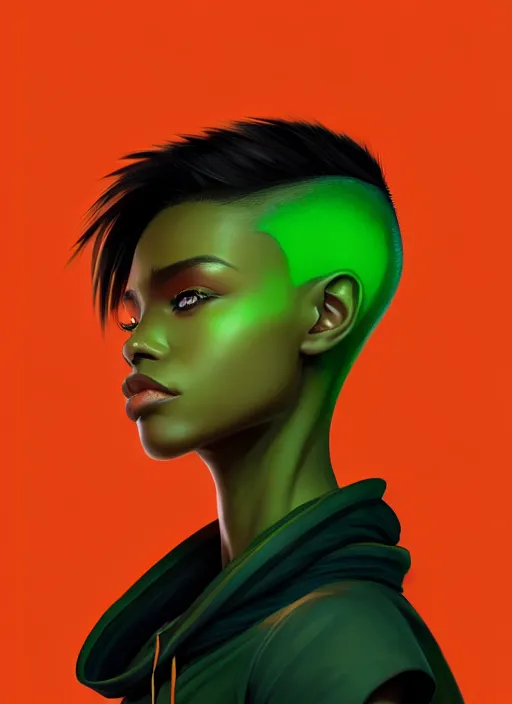 Prompt: photographic portrait of an handsome young black woman with a mohican haircut and green eyes in a back hoodie, flat lighting, elegant, highly detailed, digital painting, artstation, concept art, sharp focus, star wars, illustration, art by bayard wu, by wlop, by ross tran
