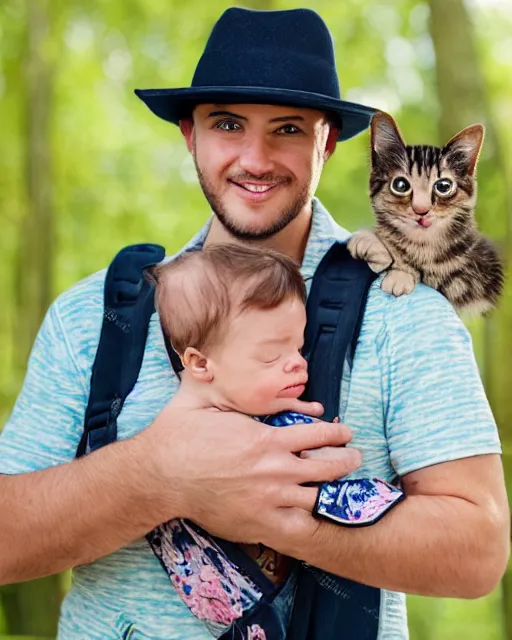 Image similar to gentlemen wearing a hat with floral print and wearing a baby sling on the back with a kitten in the sling, color studio portrait, golden ratio, backlit, happy, detailed eyes