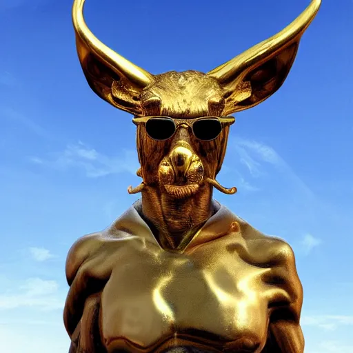 Prompt: sculpture of moloch wearing round sunglasses, gold, digital art, classical art, sharp focus, clear sky, muscular