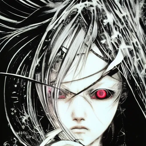 Prompt: yoshitaka amano blurred and dreamy illustration of an anime girl with pirate eye patch, wavy white hair and cracks on her face wearing elden ring armour with the cape fluttering in the wind, abstract black and white patterns on the background, noisy film grain effect, highly detailed, renaissance oil painting, weird portrait angle