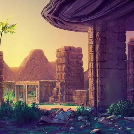 Prompt: Ancient ruins in the desert in a oasis,retrowave art,cyberpunk , trending on art station