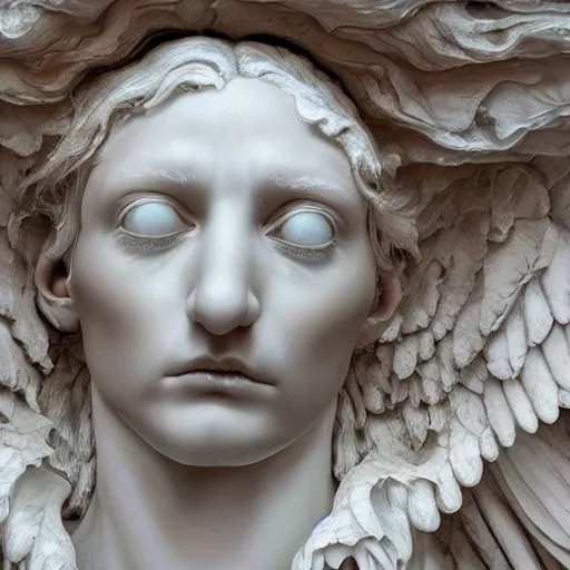 Image similar to realistic digital painting of a stunning intricate cracked white marble falling angel with face of piero angela bernini sculpture, trailing white vapor, mycelium stands and misty xparticles neutral tone background, trending on artstation, hyperrealism, matte painting, subsurface scattering