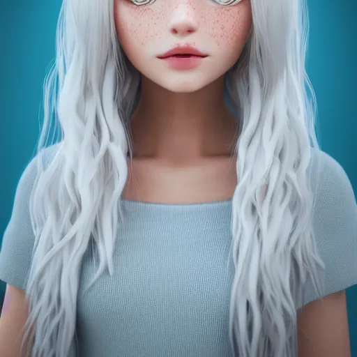 Prompt: Render of Lily, a cute 3d young woman, long white hair, full round face, light blue eyes, bisque skin tone, cute freckles, light red blush, smiling softly,wearing casual clothing, interior lighting, cozy living room background, medium shot, mid-shot, hyperdetailed, trending on Artstation, Unreal Engine 4k