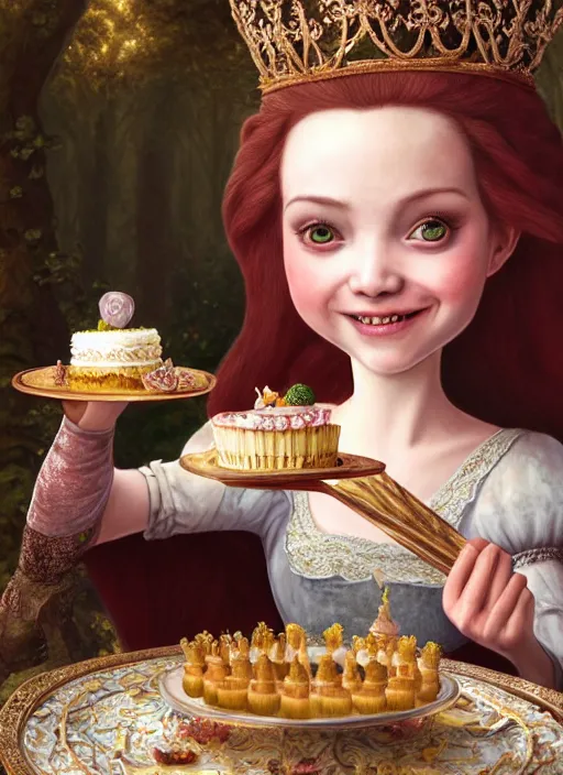 Image similar to highly detailed closeup portrait of a grinning fairytale medieval princess eating birthday cake, unreal engine, nicoletta ceccoli, mark ryden, lostfish, earl norem, global illumination, god rays, detailed and intricate environment