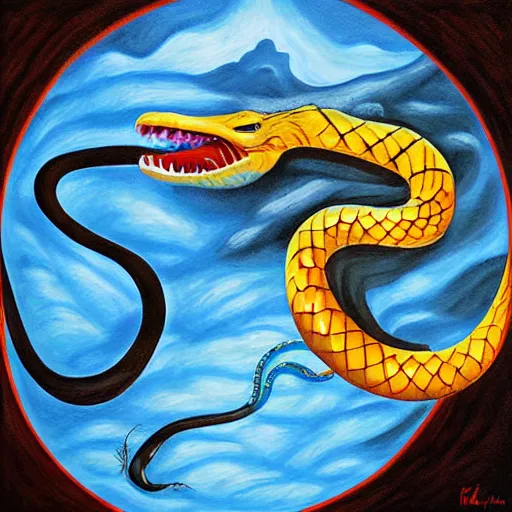 Prompt: lava breathing snake painting