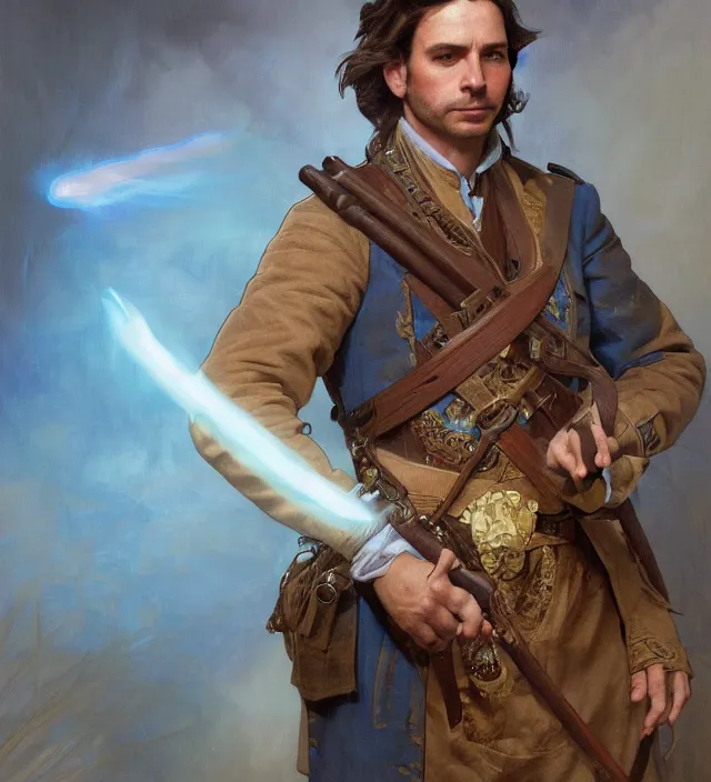 Image similar to candid portrait of a man with brown wavy hair and glowing blue eyes, surrounded by blue aura, wearing a blue traditional colonial military jacket, intricate, holding a spear, highly detailed, digital painting, artstation, concept art, sharp focus, cinematic lighting, illustration, art by artgerm and greg rutkowski, alphonse mucha, cgsociety