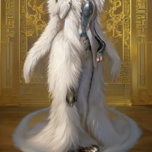 Image similar to commissioned full body furry portrait of a female anthro wolf-headed princess fursona with white hair wearing a white and gold chinese armored dress in a white and gold palace, by Wlop and jerry park, artstation, extremely detailed