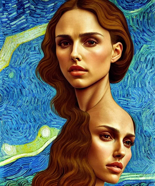 Image similar to half Nathalie portman half jessica alba portrait by Sandro Botticelli and Van gogh, sci-fi, amber eyes, beautiful face, appealing long hair, fantasy, intricate, elegant, highly detailed, digital painting, artstation, concept art, smooth, sharp focus, oil painted illustration by Sandro Botticelli and Van Gogh
