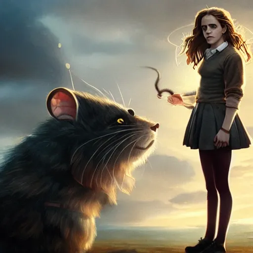 Prompt: emma watson as hermione granger standing in front of a giant mouse, digital art by greg rutkowski, artstation, sharp focus, intricate, detailed, but as photography by steve mccurry