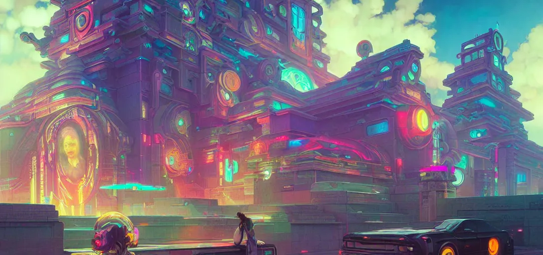 Image similar to street view of a cybernetic temple, vaporwave aesthetic, colorful, psychedelic, digital painting, artstation, concept art, smooth, sharp focus, illustration, art by artgerm and greg rutkowski and alphonse mucha