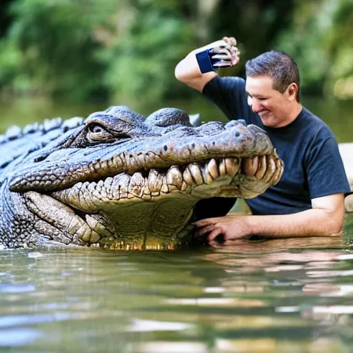 Image similar to photo of a man talking to a huge crocodile while having coffee, award - winning photograph, national geographic, high definition, trending on facebook, 8 k