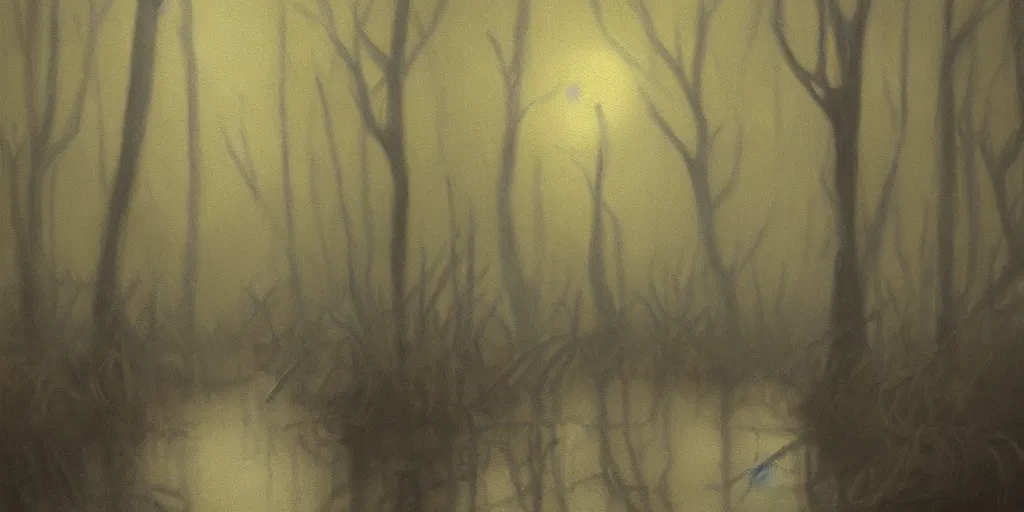 Image similar to painting of a mysterious light glowing in a murky swamp, muted colors, creepy