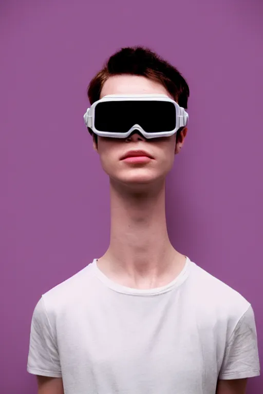 Prompt: a high definition film photograph of a normal androgynous robot human wearing a plain white t - shirt, in a pastel pink room. happy. metallic iridescenct goggles. crushed shadows.