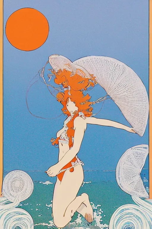 Prompt: A girl in a white lacy bikini and white sun hat and Holding a heart-shaped lifebuoy, jumping for joy,long orange hair floating on air ,Waves and splashes,beach,geometric shapes, hard edges ,Smooth visual lines,,graphic Design by mucha and studio ghibli