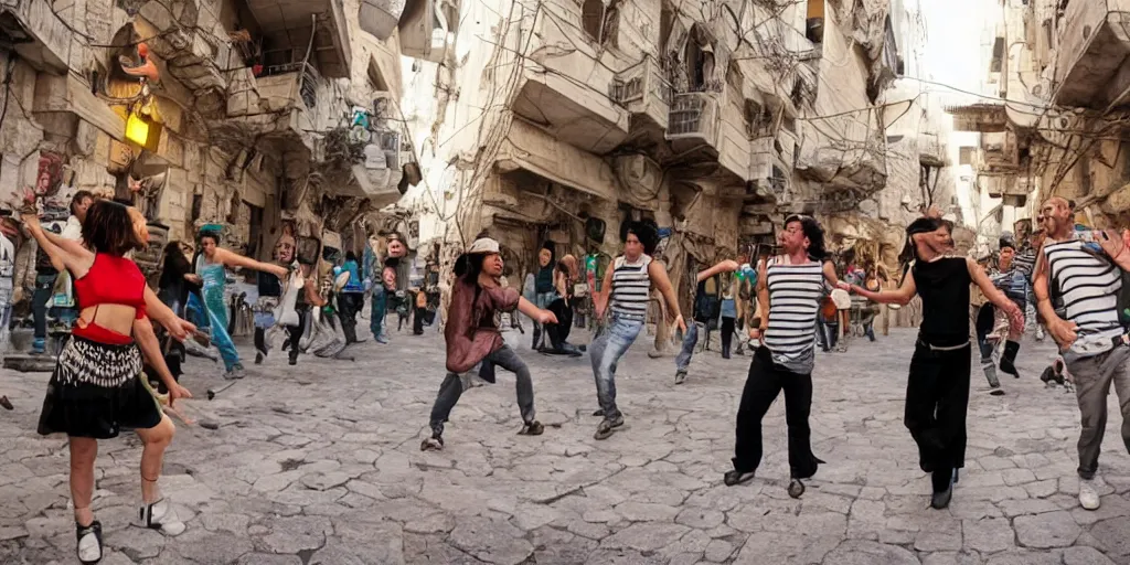 Image similar to dancing in the streets of futuristic jerusalem on shabbat. cinematic. beautiful. colorful. epic framing