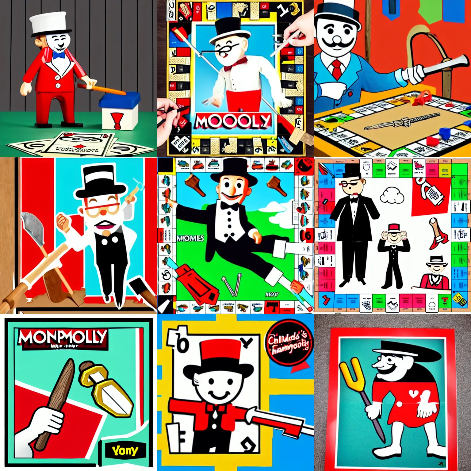 Prompt: childrens illustration monopoly man builds a wooden shed hammer tools