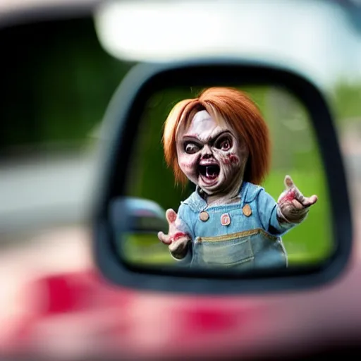 Image similar to a tiny screaming chucky doll chasing you in rear view mirror