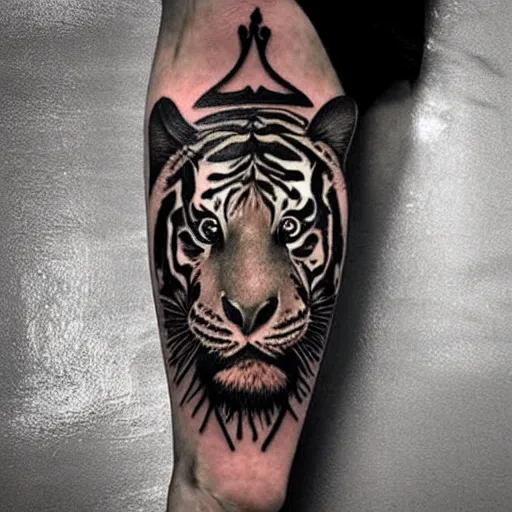 Image similar to ! dream a realistic tattoo design of a beautiful warrior woman below a tiger head, highly detailed