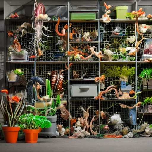 Image similar to garage with carnivorous plants on the shelves and packing peanuts on the floor, scene from tv show hyper detailed 5 5 mm 8 5 mm, low - light photography by tyler mitchell, made out of plastic