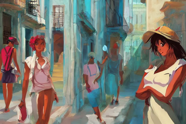 Image similar to concept art, painting of cuban women in havana, digital anime art, good lighting,