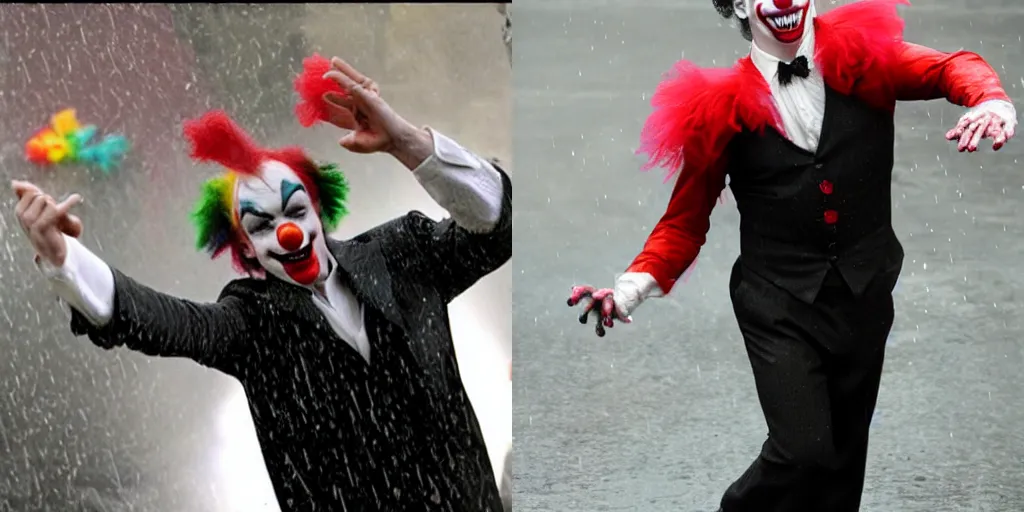 Prompt: michael c hall dancing in the rain clown make up