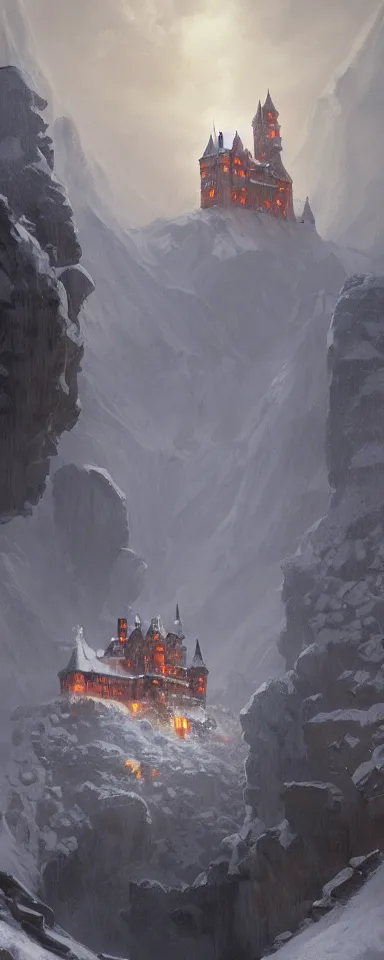 Image similar to a painting of a castle in the middle of a snowy mountain, a detailed matte painting by andreas rocha and greg rutkowski, featured on artstation, fantasy art, matte drawing, matte painting, artstation hq