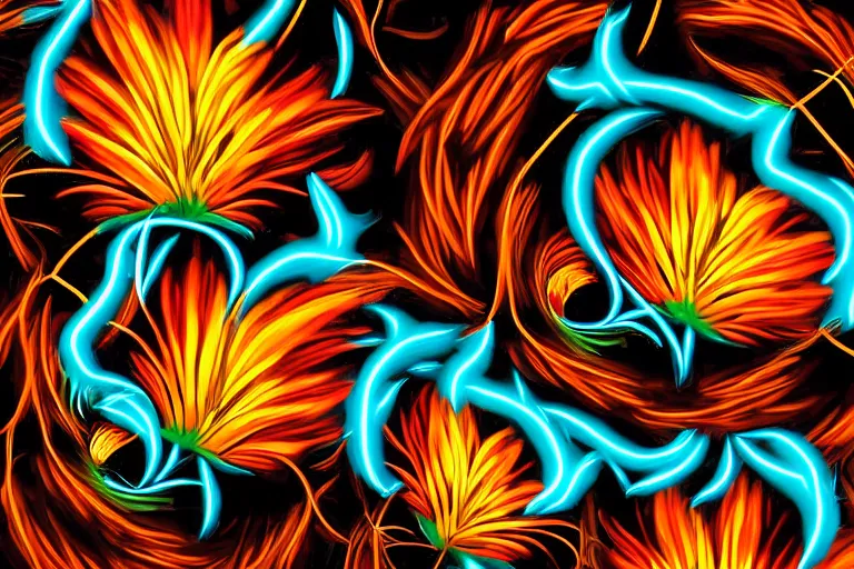 Image similar to colorful flower composition of fenix flowers made of fire, black background,art by Peter Tang