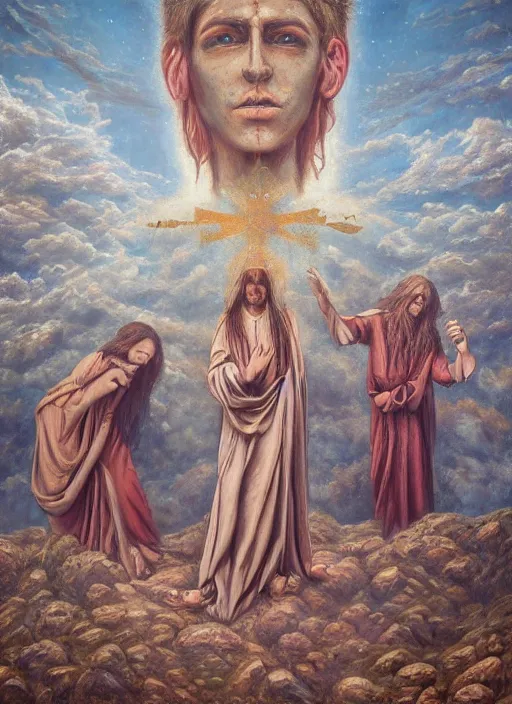 Prompt: transcendental adoration of the magi, stigmata, occult symbolism epic surrealism 8k oil painting, portrait, perspective, high definition, post modernist layering, by Sean yoro