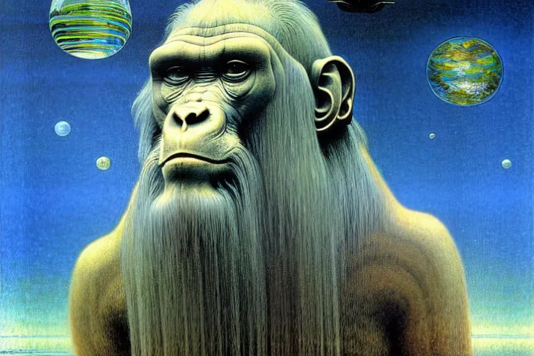 Prompt: realistic extremely detailed portrait painting of a wise ape, futuristic sci-fi landscape with a statue on background by Jean Delville, Amano, Yves Tanguy, Alphonse Mucha, Ernst Haeckel, Edward Robert Hughes, Roger Dean, rich moody colours, silver hair and beard, blue eyes