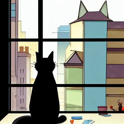 Image similar to a cat sitting on the window ledge watching over a beautiful anime city in the style of Tue Tue on ArtStation and Ayush Pant on ArtStation, the cat is pictured from behind, 4k,