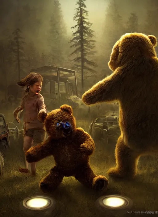 Image similar to a teddy bear fights off zombies to protect a crying child, portrait, dramatic lighting, cinematic, establishing shot, extremly high detail, photo realistic, foto realistic, cinematic lighting, post processed, concept art, artstation, matte painting, style by eddie mendoza, raphael lacoste, alex ross