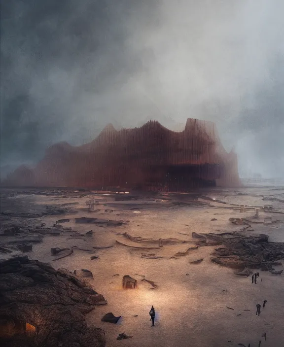 Image similar to surreal epic, masterpiece, romantic iris van herpen building, ancient ochre palette, impossible architecture by ruan jia, mecha floor, futuristic, blame, white architecture in the beach in iceland, foggy, highly detailed, digital painting, arstation, concept art, hyperealistic octane render, unreal engine