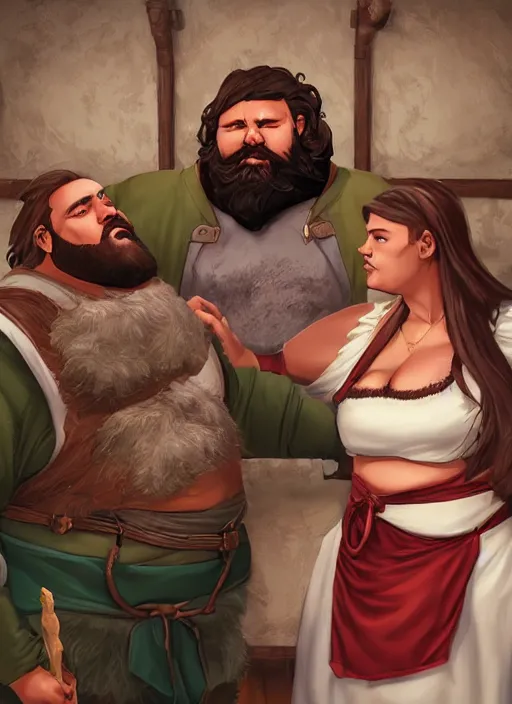 Prompt: an epic fantasy comic book style portrait painting of a hearty man with a big belly and thick beard and large woman who are a couple in a tavern with them both wearing aprons, unreal 5, daz, hyperrealistic, octane render, cosplay, rpg portrait, dynamic lighting