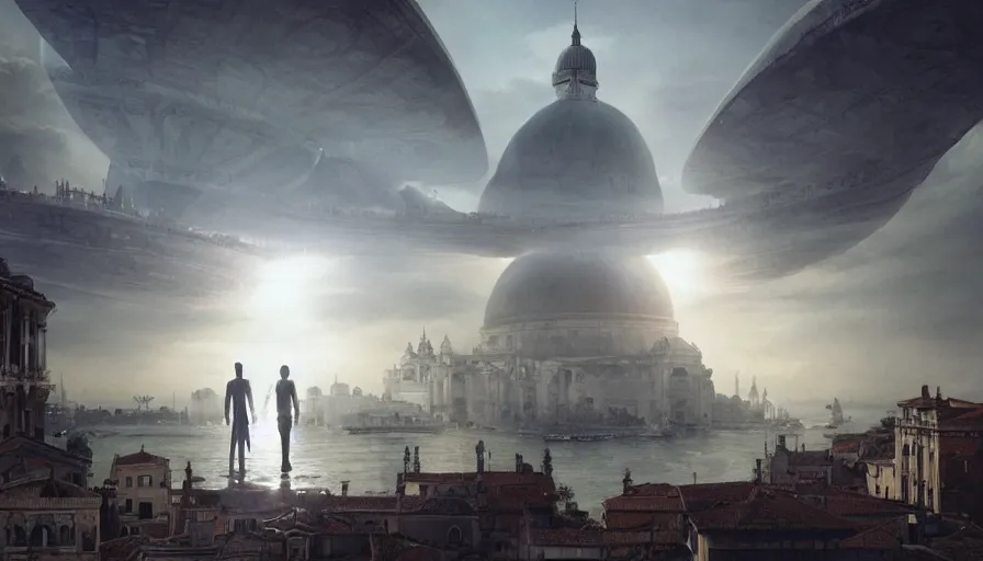 Prompt: silhouette of a man wearing white robe overlooking a giant alien ufo high tech spaceship eerily hovering on italy venice city landscape with beautiful temples by greg rutkowski, artgerm, ross tran, magali villeneuve, intricate, time travel theme, audince in awe, spectacle, audience sorrounding, award winning, octane render, masterpiece, 8 k, beautiful