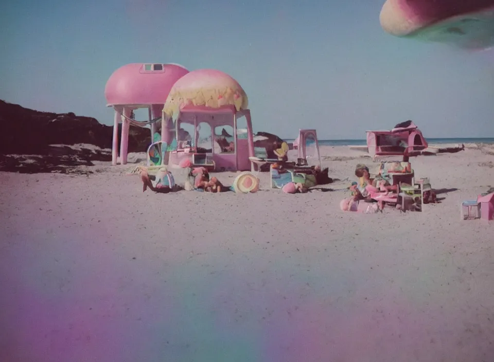 Image similar to a pastel coloured vintage family holiday photo of an empty beach from an alien dreamstate world with chalky pink iridescent!! sand, reflective lavender ocean water, dim bioluminescent plant life and an igloo shaped plastic transparent hot dog stand surrounded by holiday clutter opposite a pit with an iridescent blue flame flickering. glare. refraction, volumetric light.