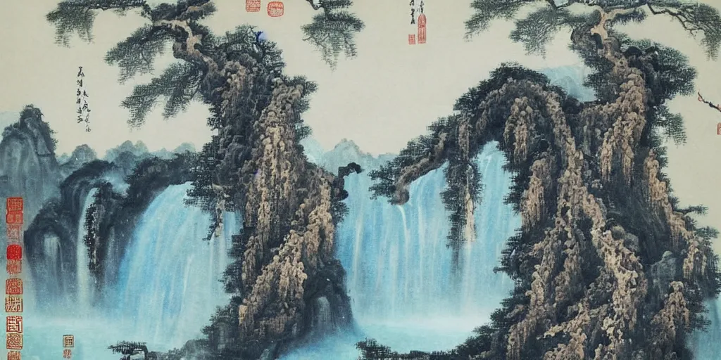 Prompt: “ large ancient gate in the middle of waterfall in chinese watercolor painting, oil painting, masterpiece, aesthetic ”