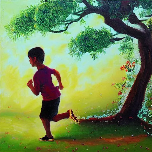 Image similar to “a boy running by a magic tree oil panting”